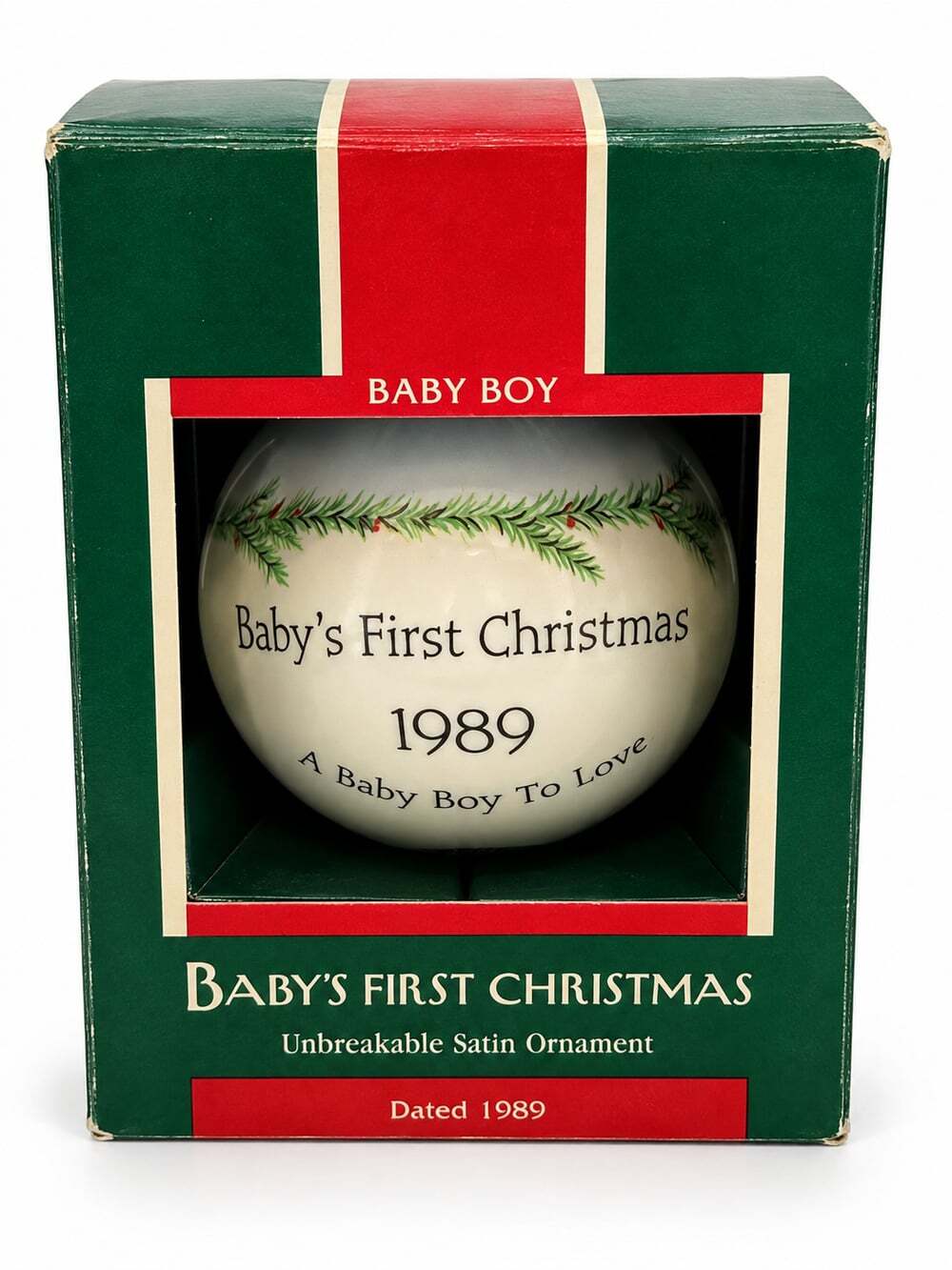 1989 Hallmark Baby’s First Christmas Baby Boy Satin Ornament Santa w Box